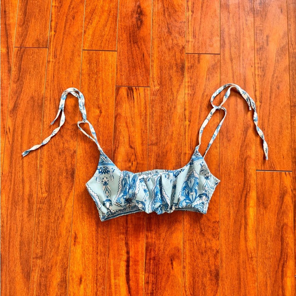 Blue Paisley Print Tie-Shoulder Bikini Top